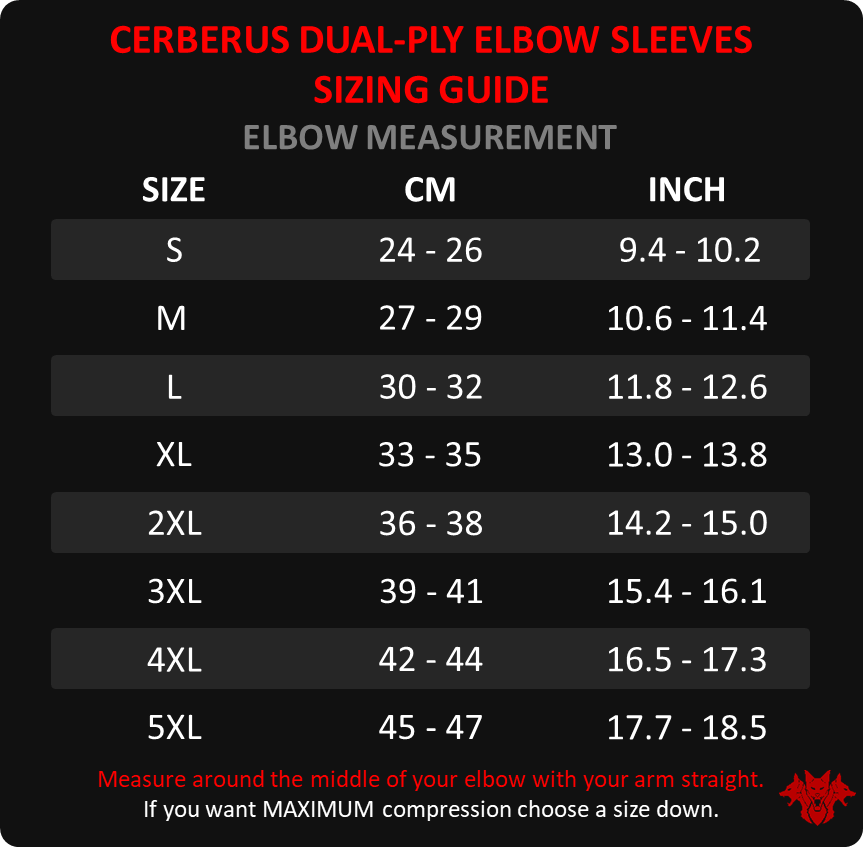 Cerberus dual-ply elbow sleeves Size Chart- Cerberus-strength