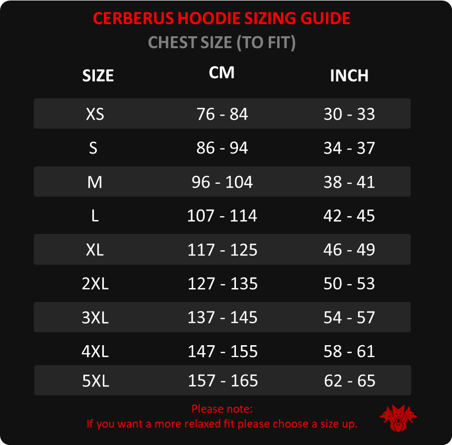 Cerberus Hoodie sizing guide- Cerberus-strength
