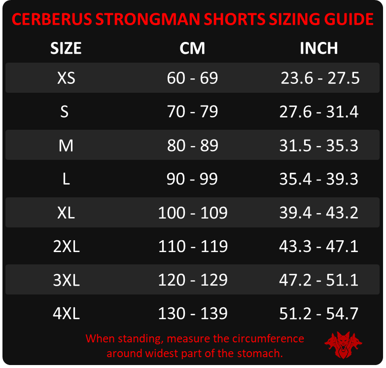 Cerberus strongman neoprene shorts sizing guide - Cerberus-strength