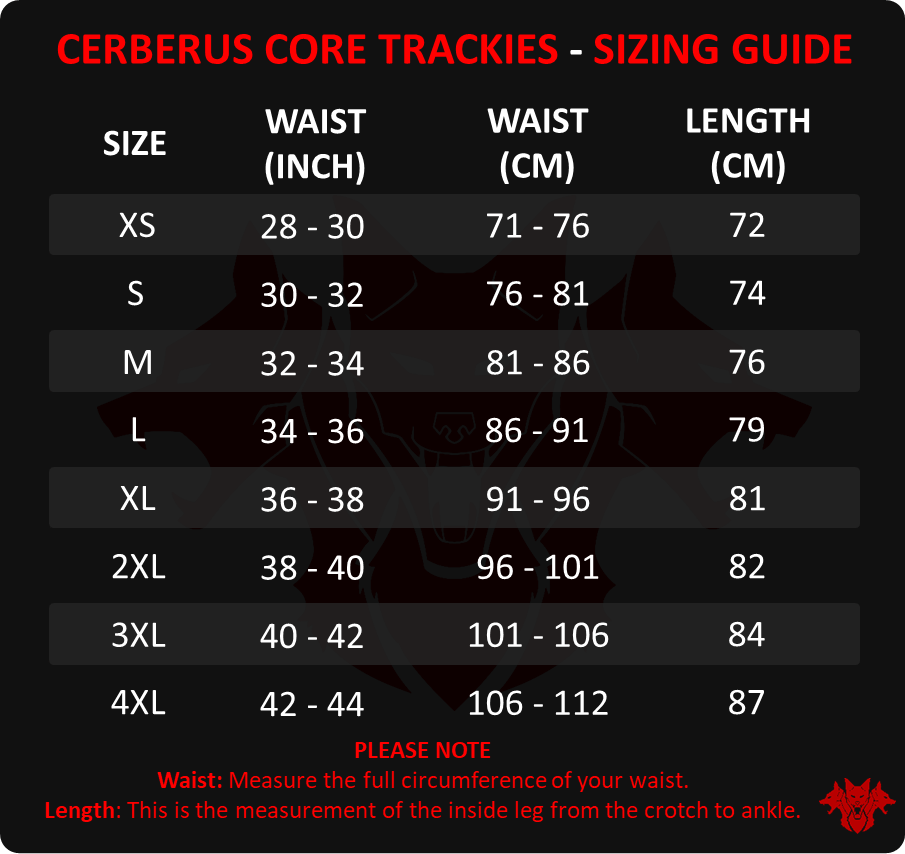 Core trackies sizing guide - Cerberus-strength