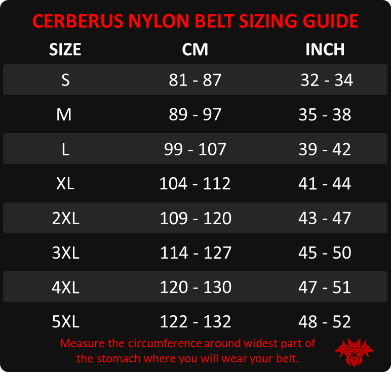 Cerberus nylon belt sizing guide - Cerberus-strength